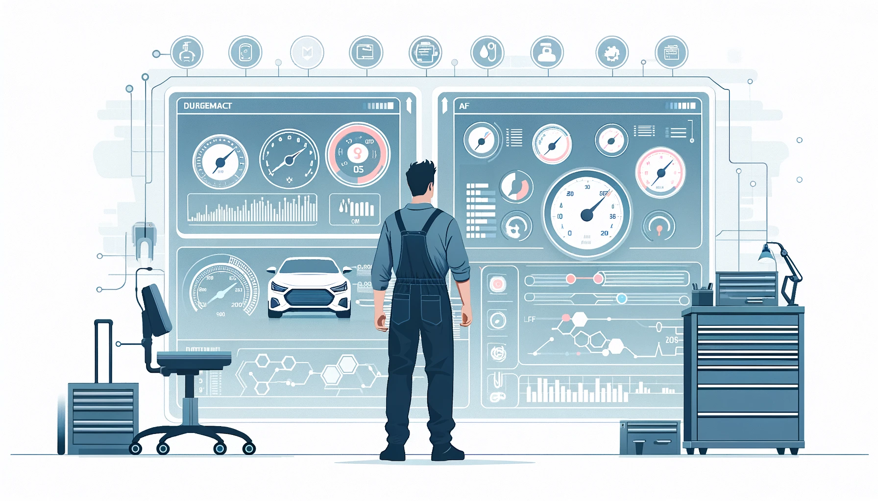 Mechanic viewing a digital dashboard with automotive metrics and tools.